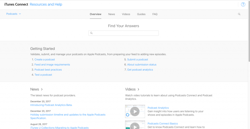 Podcasts Connect resources and help menu