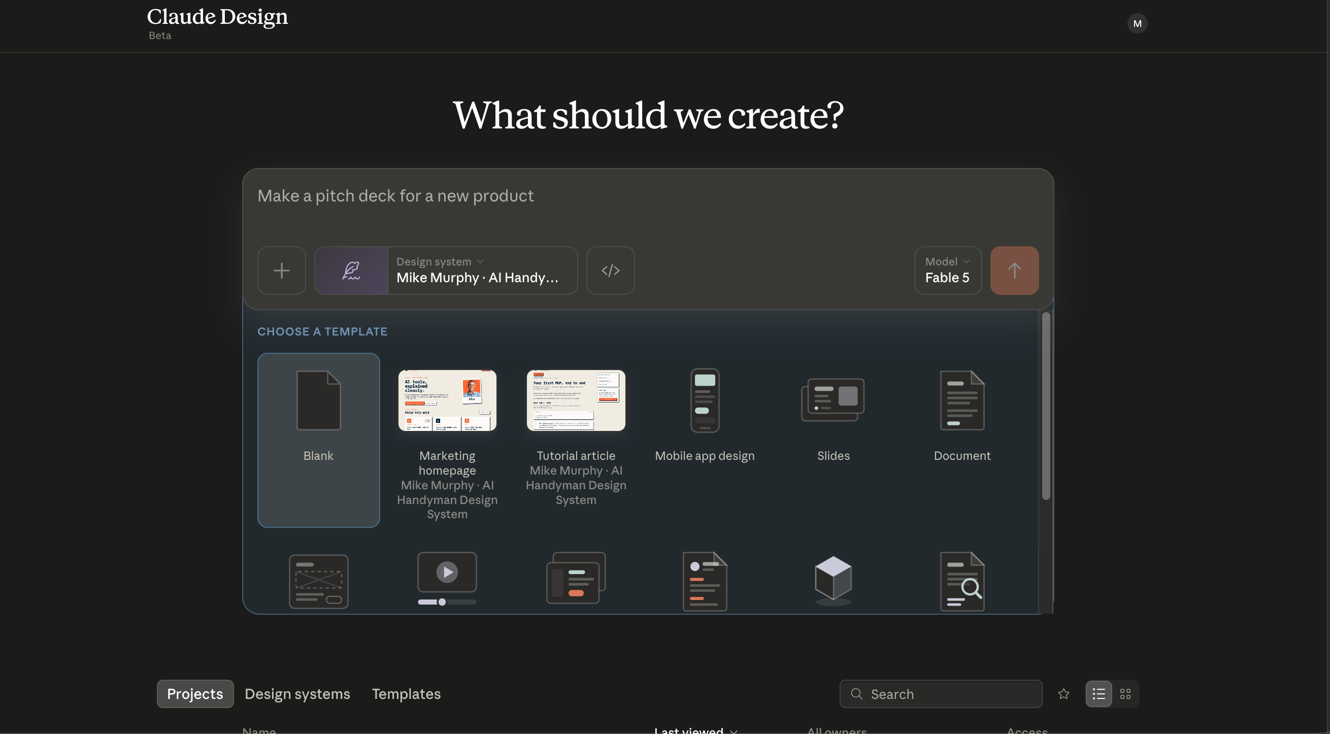 Claude Design workspace screenshot