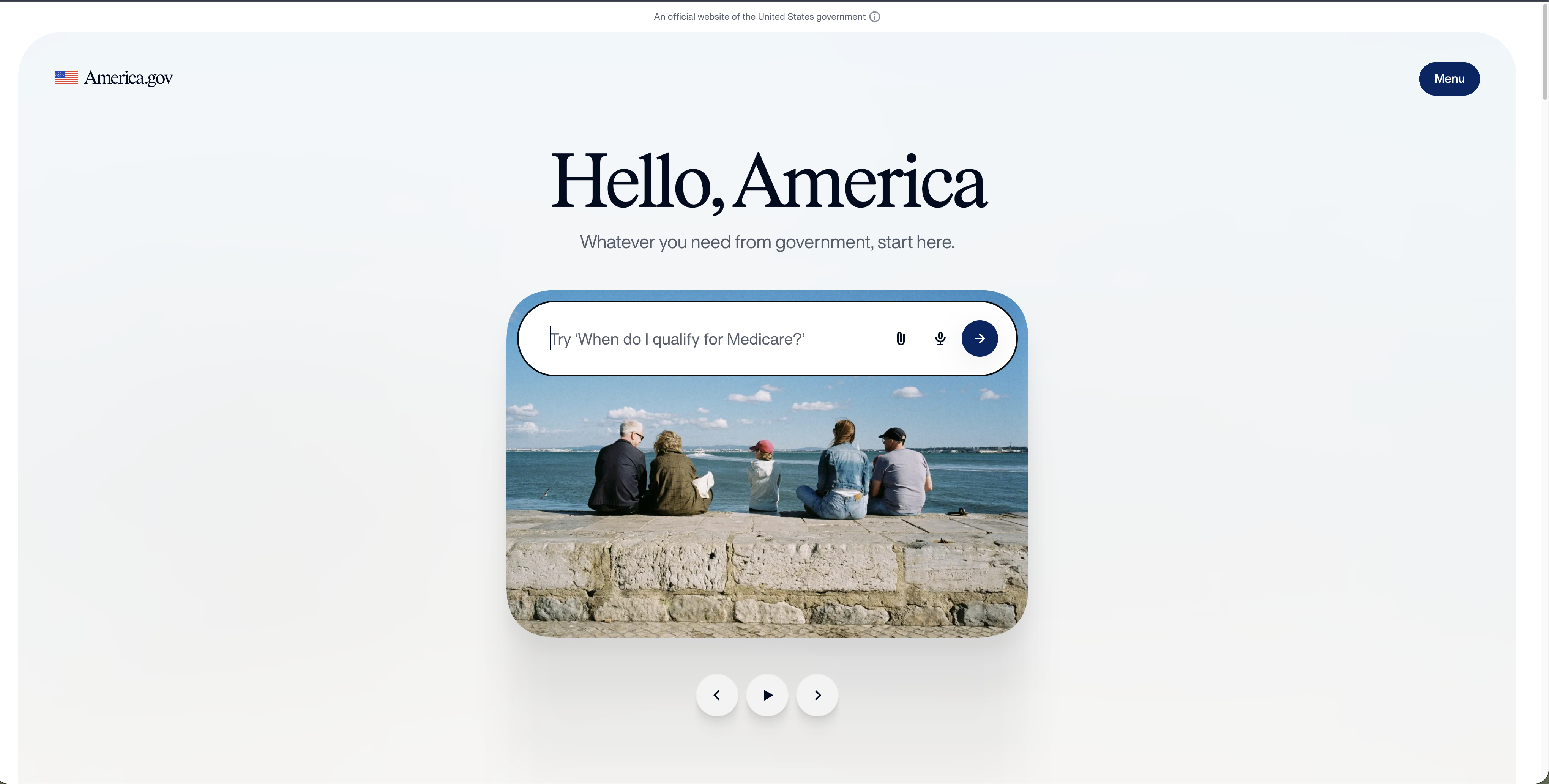 The America.gov homepage reading “Hello, America” with an AI search box prompting “When do I qualify for Medicare?”
