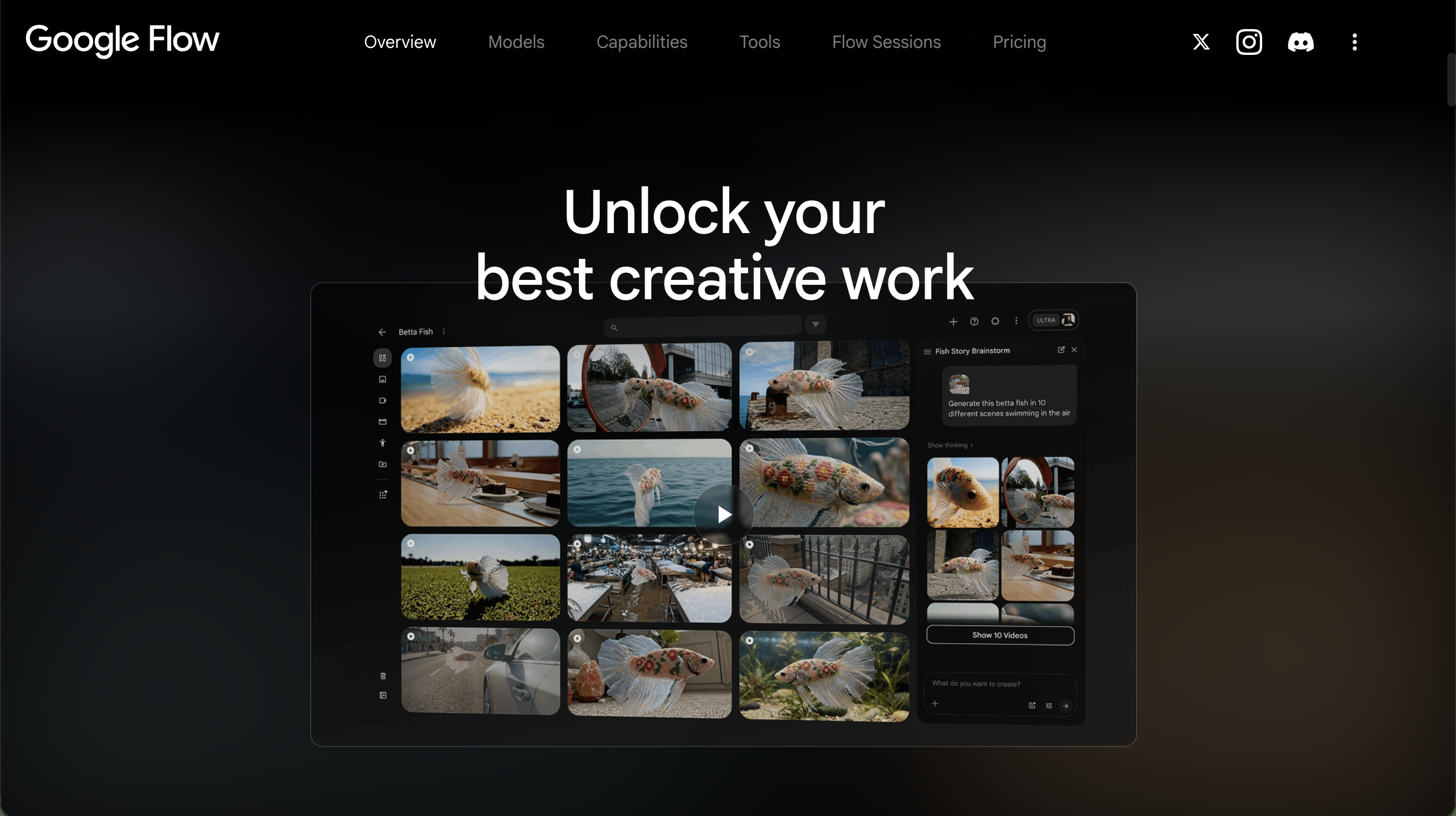The Google Flow homepage reading “Unlock your best creative work” above a grid of AI-generated betta fish video clips in different scenes